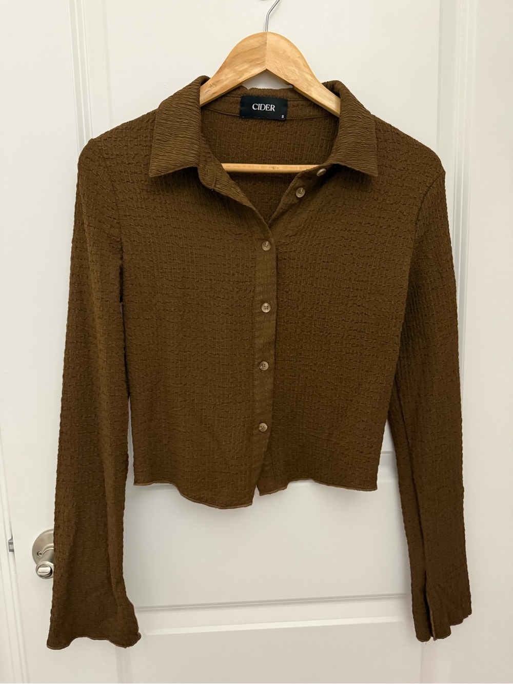 Cider Brown Textured Cropped Button-Down Shirt